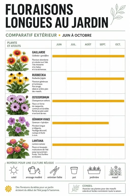Plante qui fleurit toute l'année : comparaison des plantes à floraison longue pour balcon, terrasse et jardin