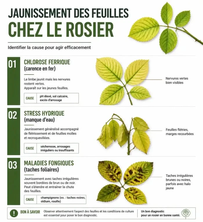 Infographie des causes de jaunissement des feuilles de rosier : chlorose, stress hydrique et maladies