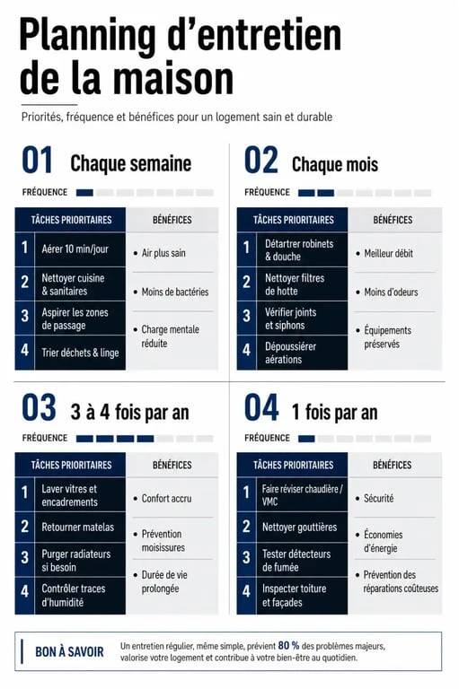 Entretien de maison : planning visuel des tâches hebdomadaires, mensuelles et annuelles