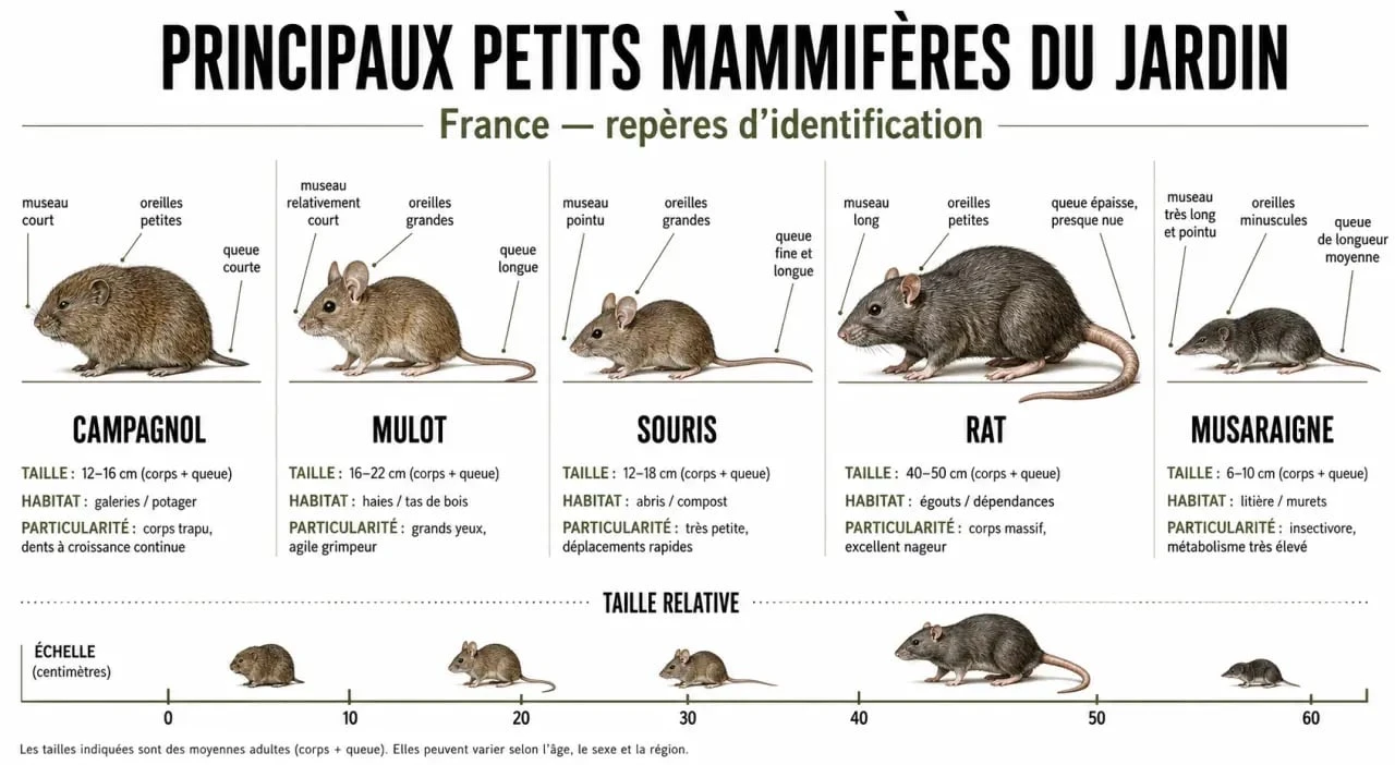 Rongeurs du jardin : comparaison visuelle pour identifier campagnol, mulot, souris, rat et musaraigne
