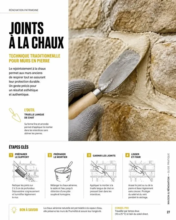Technique d'application manuelle du mortier pour le jointage mur en pierre