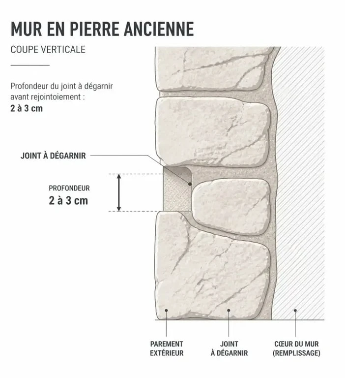 Schéma technique de la profondeur de jointage pour un mur en pierre