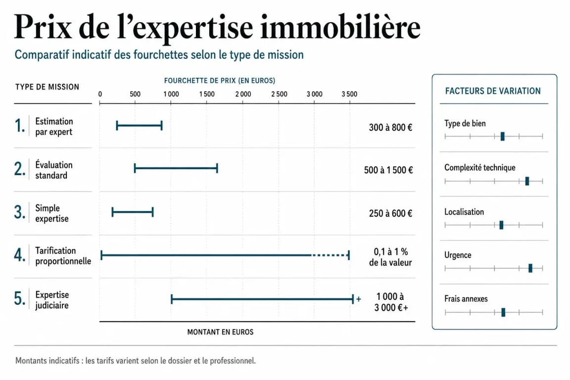 Infographie sur le prix expertise immobilière prix avec fourchettes tarifaires et facteurs de variation
