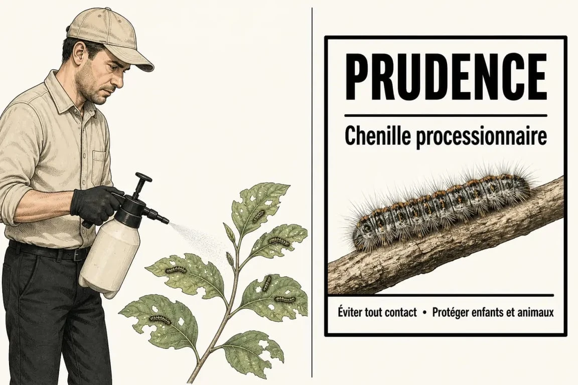 Bicarbonate pour tuer chenilles : illustration éditoriale montrant une pulvérisation légère au jardin et une alerte sur les chenilles processionnaires