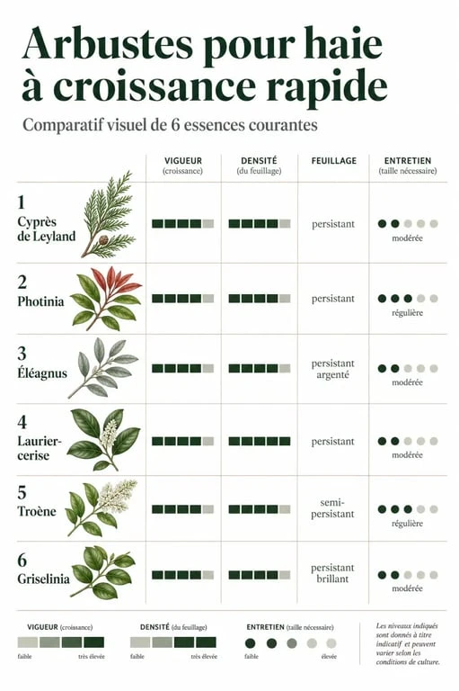 Comparatif des arbustes pour haie croissance rapide avec cyprès de Leyland, photinia, éléagnus et laurier-cerise