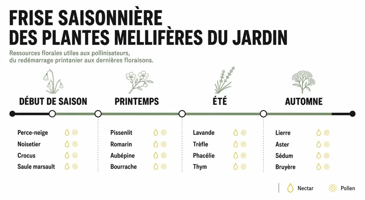Frise des plantes mellifere selon les saisons au jardin