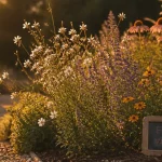 Fleur vivace longue floraison : massif fleuri aux épis bleus et gaura, népéta, coréopsis
