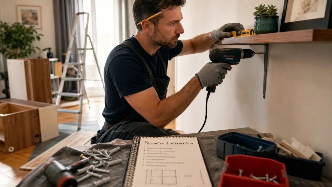 Liste travaux homme toutes mains : homme avec outils sur mur en placoplâtre