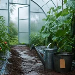Potager serre sous serre tunnel : tomates et concombres en palissage