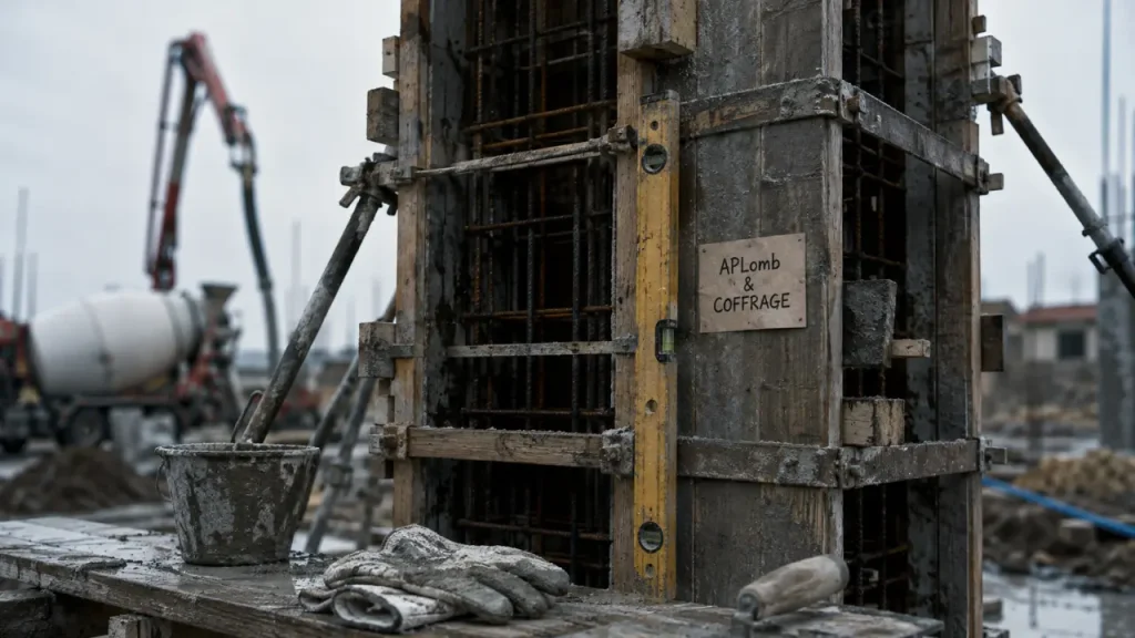 Coffrage de pilier en béton : un étaiement mal réglé peut déplacer tout le poteau