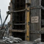 Coffrage pilier beton avec étais et niveau sur chantier