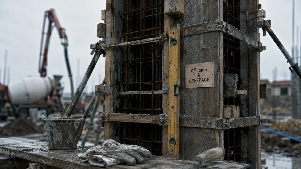 Coffrage pilier beton avec étais et niveau sur chantier