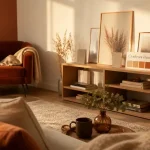 Couleurs chaudes pour salon : mur terracotta et crème, lumière golden hour