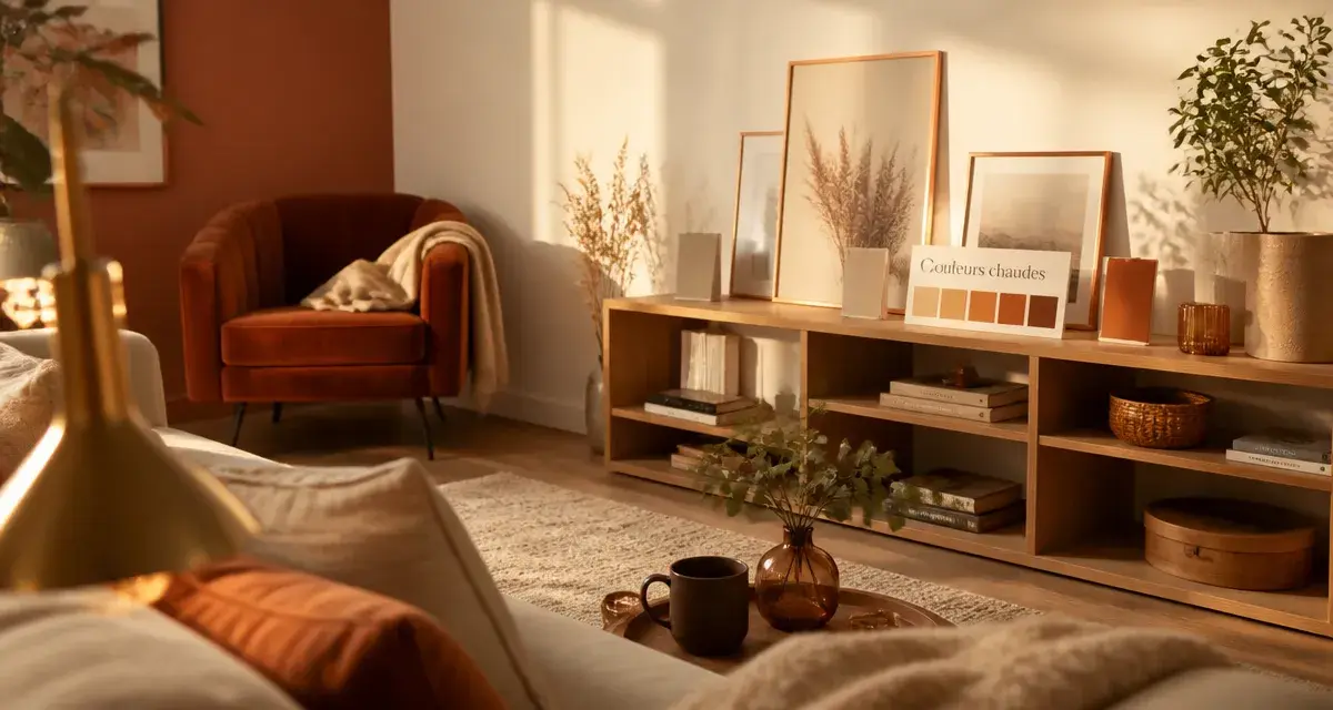 Couleurs chaudes pour salon : mur terracotta et crème, lumière golden hour