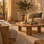 Déco scandinave cocooning, salon cocon au golden hour, tapis écru et tons beige