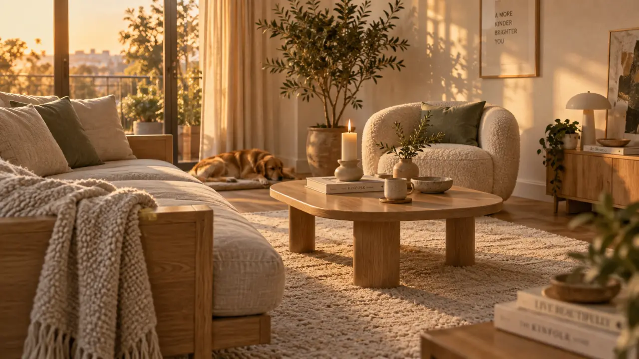 Déco scandinave cocooning, salon cocon au golden hour, tapis écru et tons beige