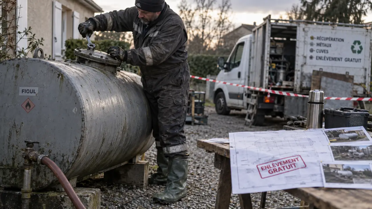 Enlèvement cuve fioul gratuit : cuve métal ouverte, ferrailleur en action