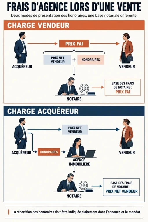 Infographie sur les frais agence immobilier vente et la différence entre charge vendeur et charge acquéreur