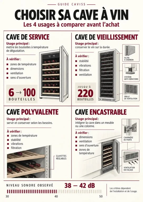 Infographie comparative des caves à vin Caviss selon l’usage, la capacité et les critères techniques