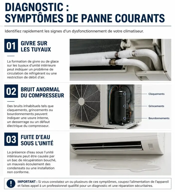 Infographie des symptômes de panne quand la clim ne fait plus de froid