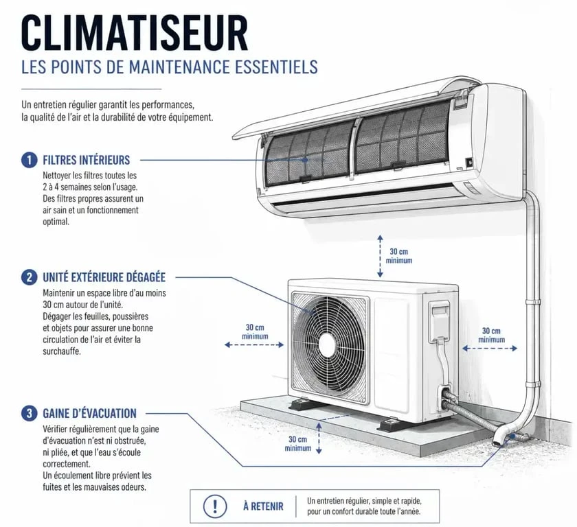 Schéma des points de maintenance pour une climatisation qui ne fait plus de froid
