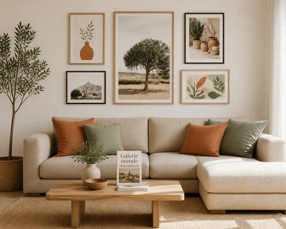 Tableau pour salon contemporain en triptyque ou mur de cadres dans un salon chaleureux