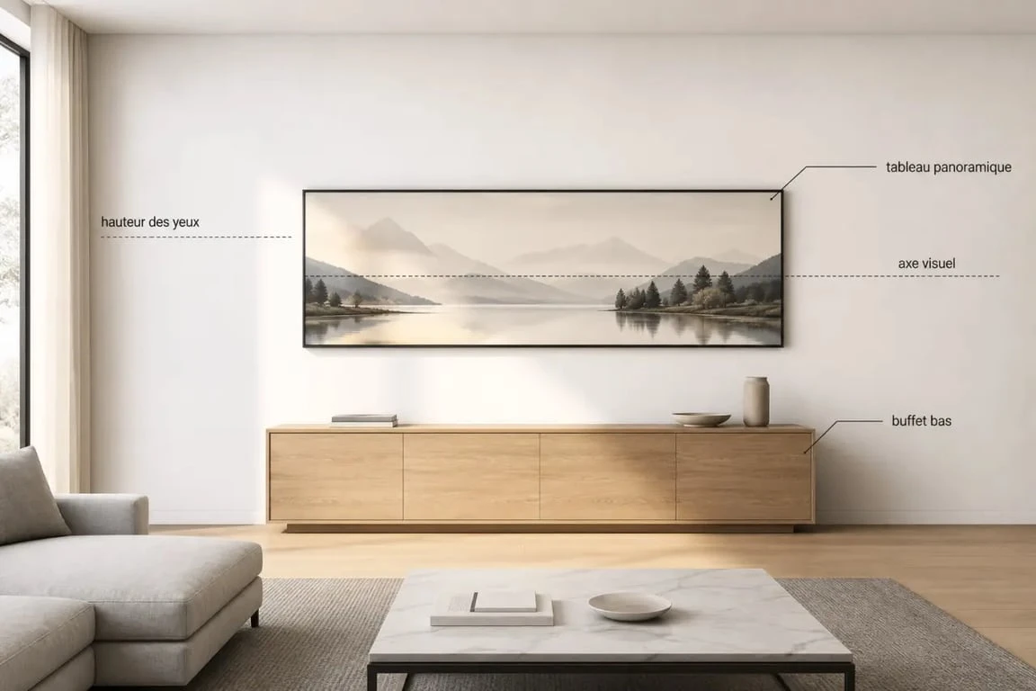 Tableau pour salon contemporain panoramique montrant le bon placement et les bonnes proportions
