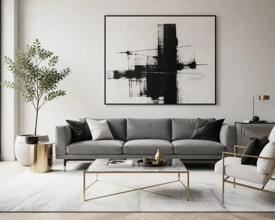 Tableau pour salon contemporain noir et blanc dans un salon chic et moderne