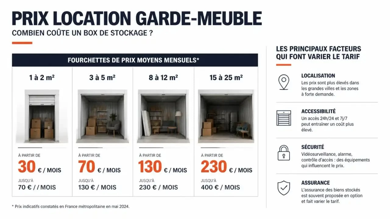 Prix location garde meuble : fourchettes de tarifs par surface et facteurs de variation