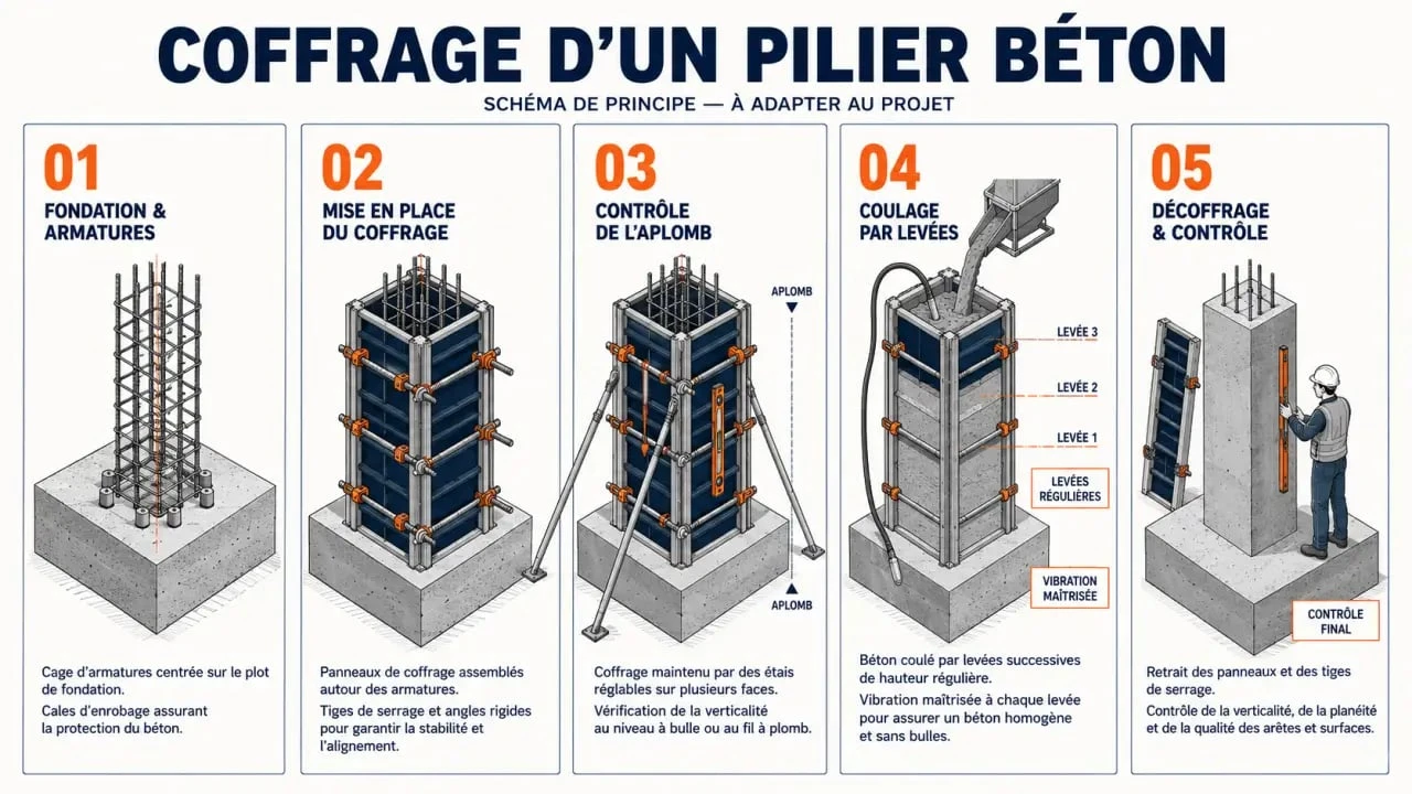 Étapes de réalisation d’un coffrage de pilier béton avec armatures, étais, coulage et décoffrage