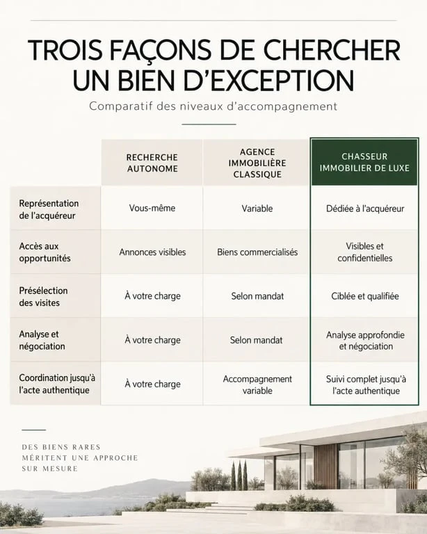 Pourquoi faire appel à un chasseur de biens spécialisé dans le luxe : comparaison avec une agence immobilière et une recherche autonome