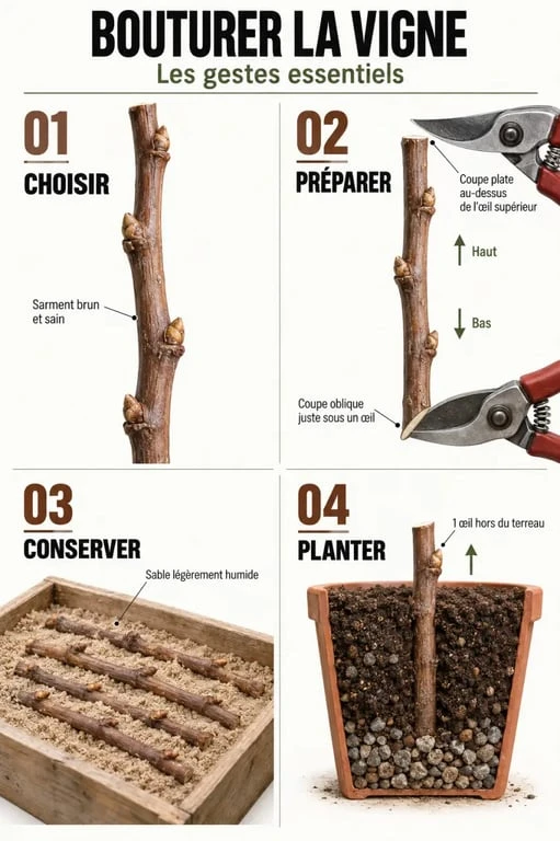 Schéma séquentiel du bouturage de la vigne avec préparation, conservation et plantation d’une bouture aoûtée