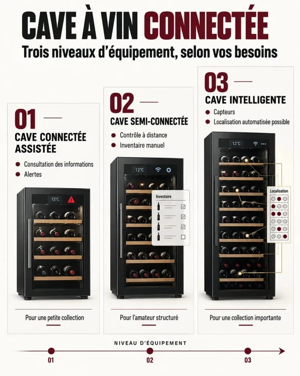 Infographie des niveaux de connectivité d'une cave à vin connectée