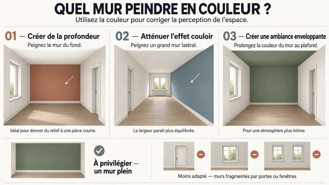 Quel mur peindre en couleur : effets du mur du fond, du mur latéral et du plafond sur la profondeur et les volumes