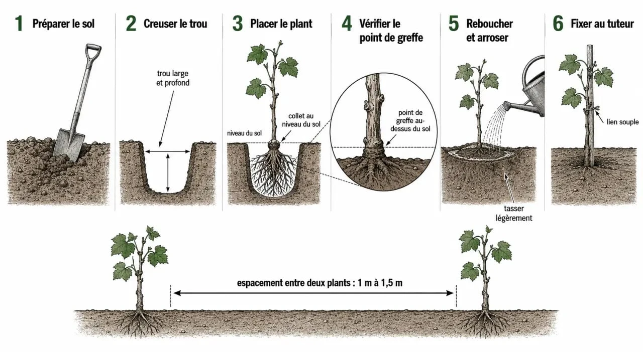 Planter des pieds de vigne : illustration des étapes de plantation avec collet au niveau du sol, arrosage et tuteur