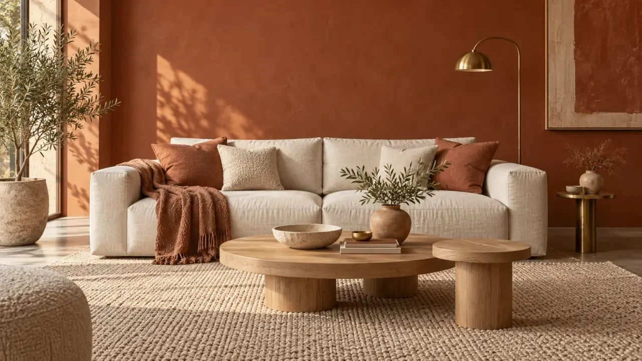 Salon aménagé avec des couleurs chaudes pour salon, terracotta, crème et bois clair
