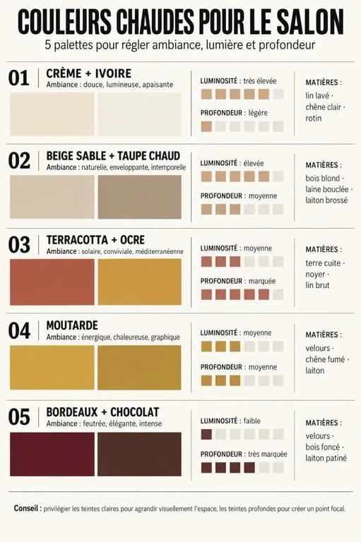 Infographie des couleurs chaudes pour salon et de leurs associations décoratives