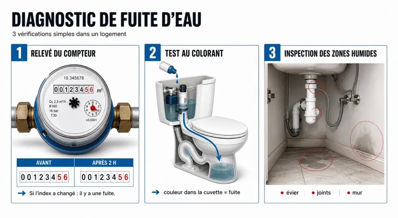 Comment trouver une fuite d eau : diagnostic visuel en 3 étapes avec compteur, toilettes et zones humides