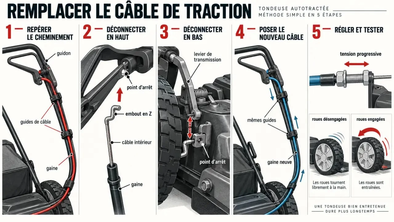 Étapes de remplacement d’un cable traction tondeuse sterwins avec réglage de la tension