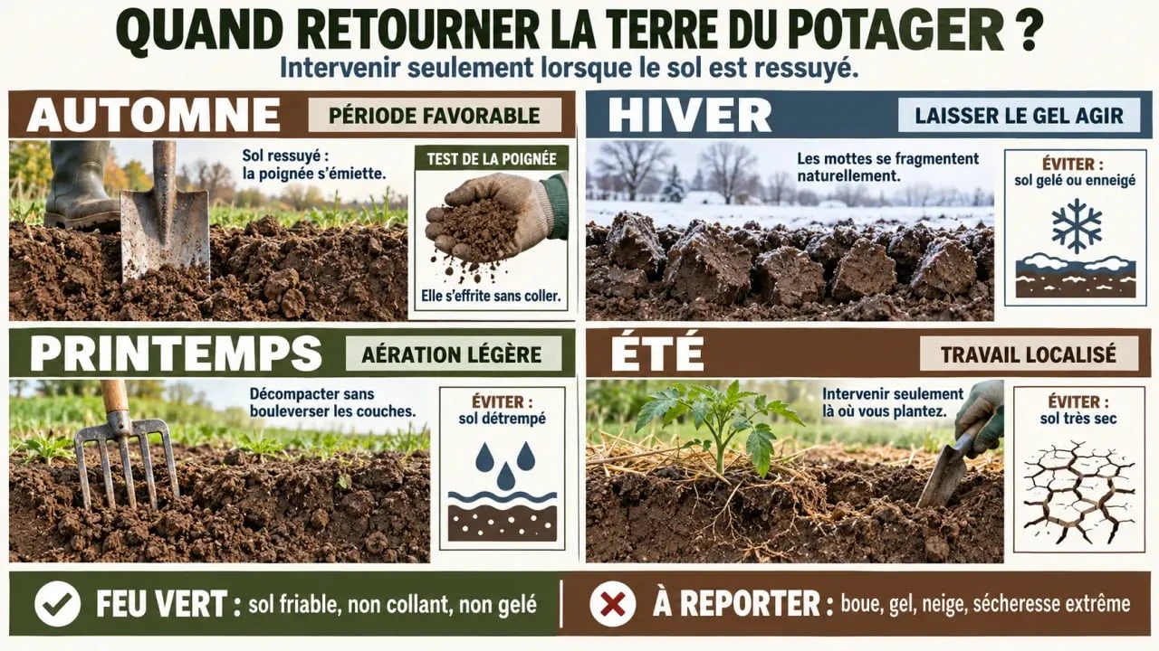 Quand retourner la terre du potager selon la saison et l'humidité du sol