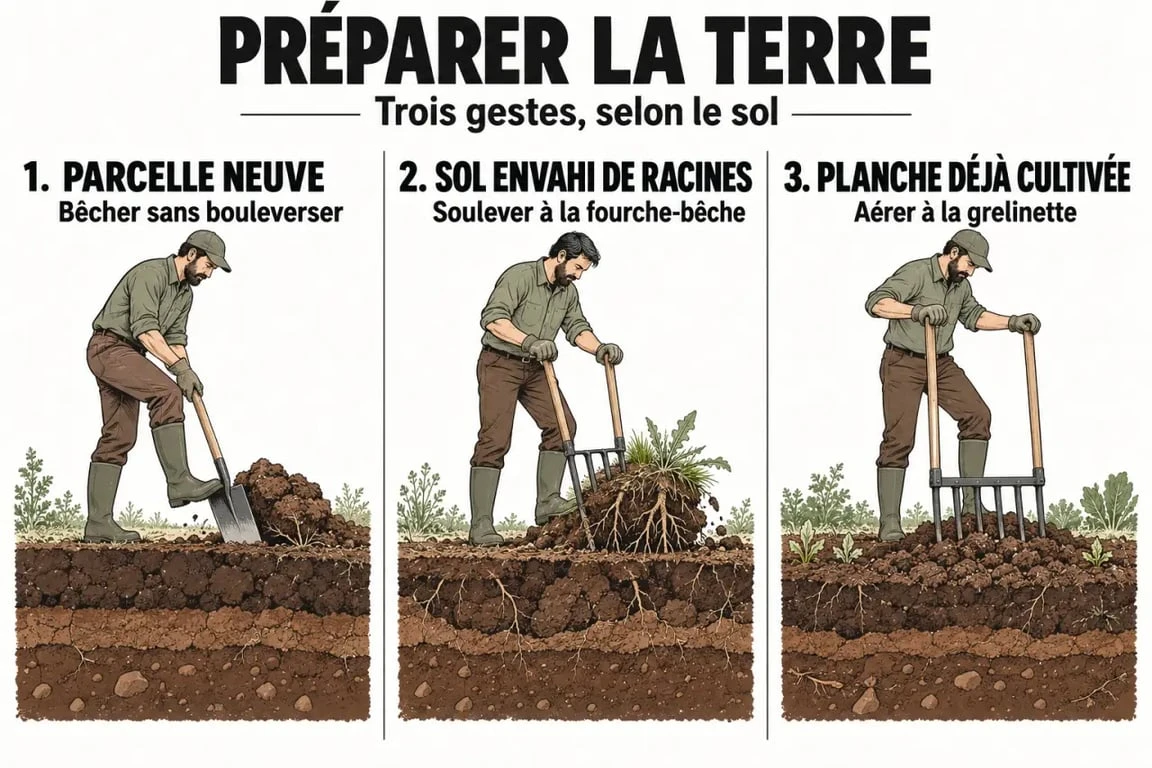 Quand retourner la terre du potager : gestes avec une bêche, une fourche-bêche et une grelinette