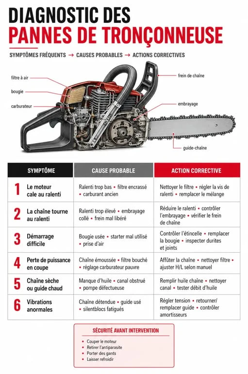 Diagnostic réglage tronçonneuse Stihl symptômes causes