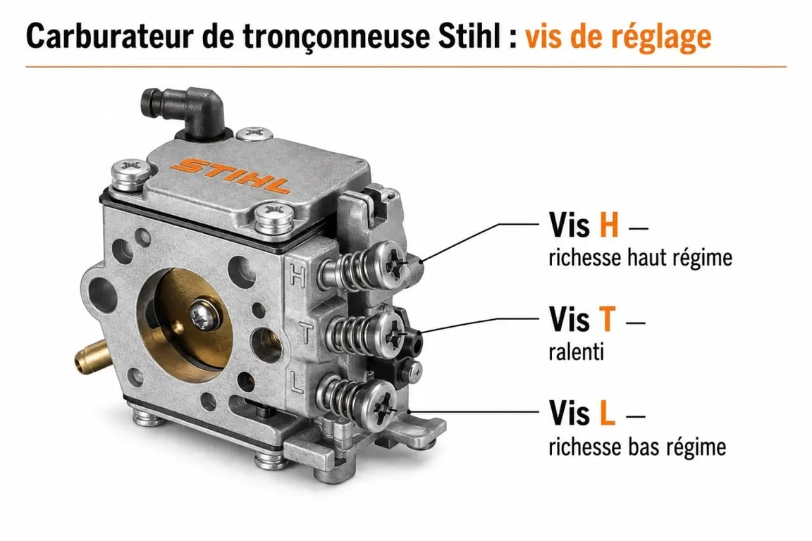 Réglage carburateur tronçonneuse Stihl vis L H T
