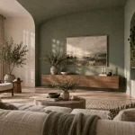 Quel mur peindre en couleur : mur vert sauge dans un salon contemporain
