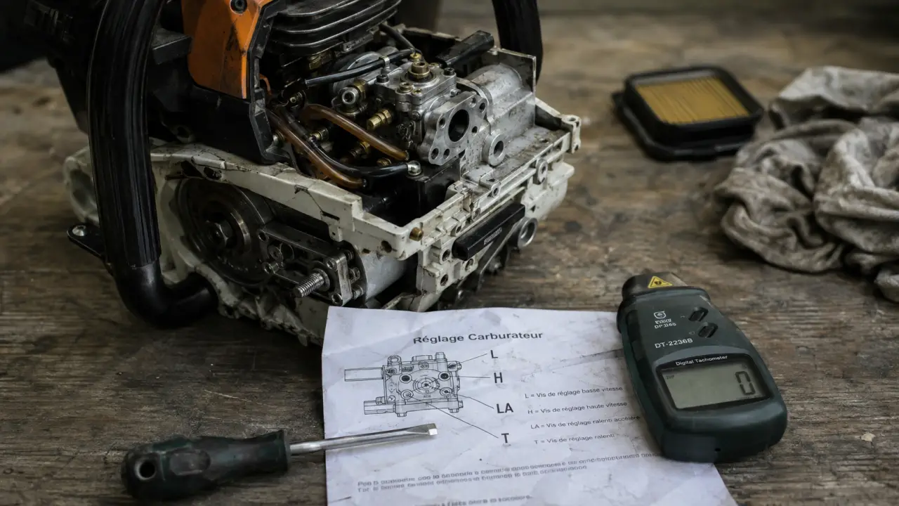 Réglages tronconneuse stihl : vis L H LA pour ralenti stable