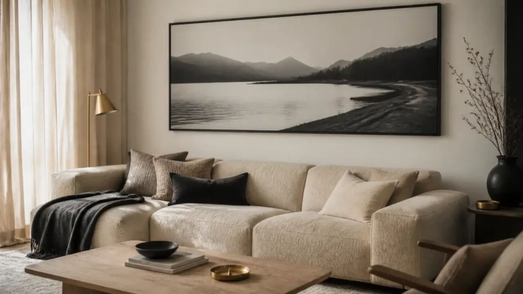 Tableau pour salon contemporain : grand format, noir et blanc ou mur de cadres ?
