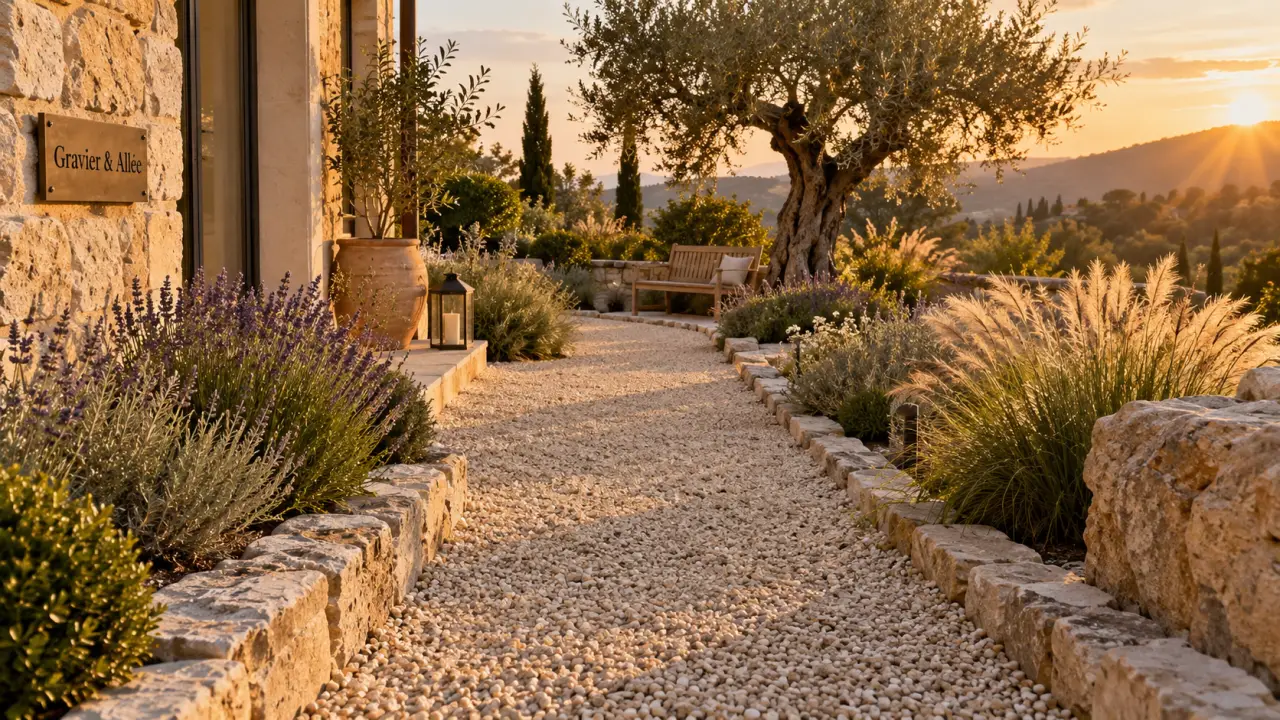 Amenagement jardin gravier decoratif : allée beige bordée de lavande et graminées