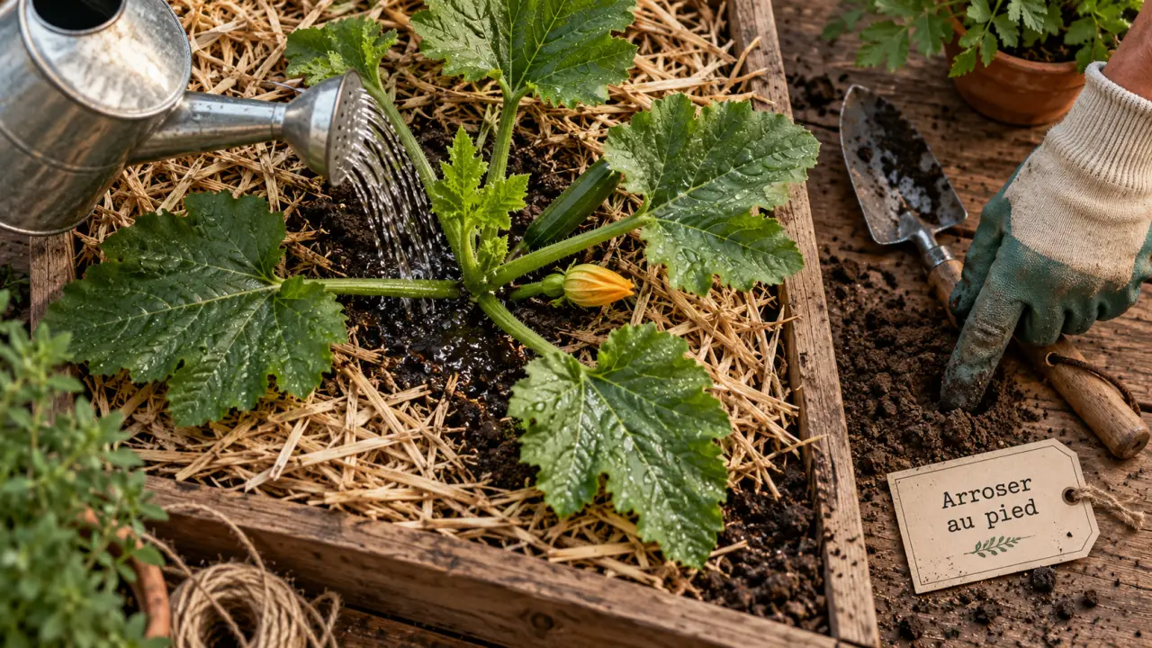 Arrosage courgette : arrosoir au pied dans un sol frais