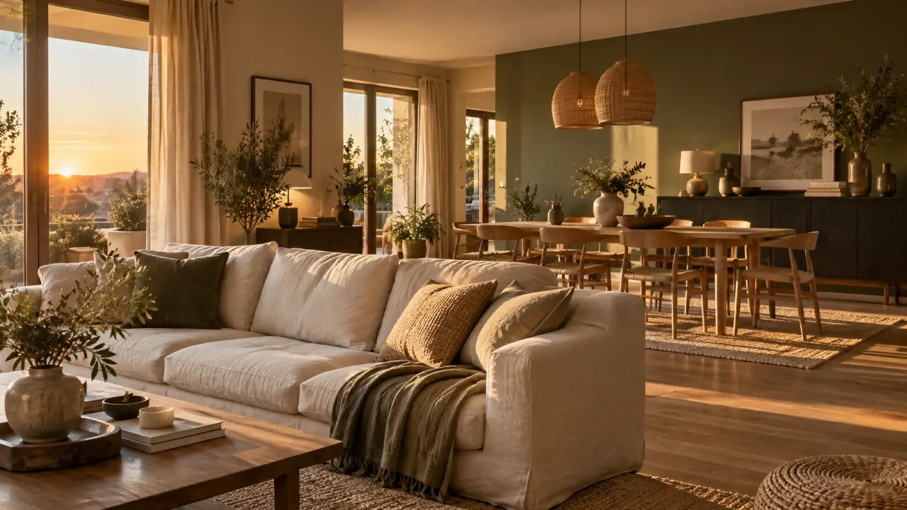 Couleur pour salle à manger et salon : salon-salle harmonisés, vert sauge et beige