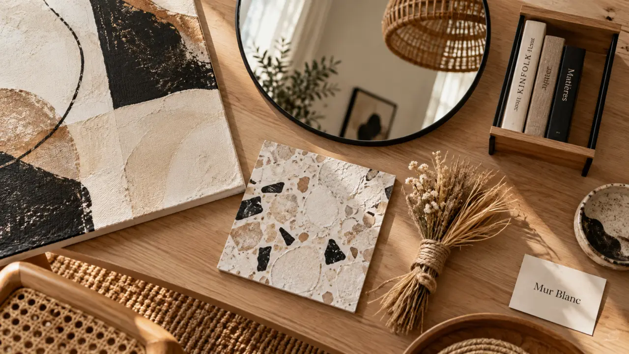 Decoration mural tendance : miroir rond et papier marbre sur grand mur blanc